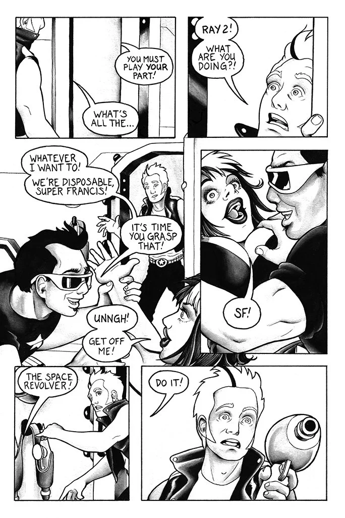 A comic strip with five panels featuring two women and a man, discussing playing their parts in a role-playing scenario. One woman is warning the other to play her part, while the second woman interacts with a man who has a gun, urging him to grasp a