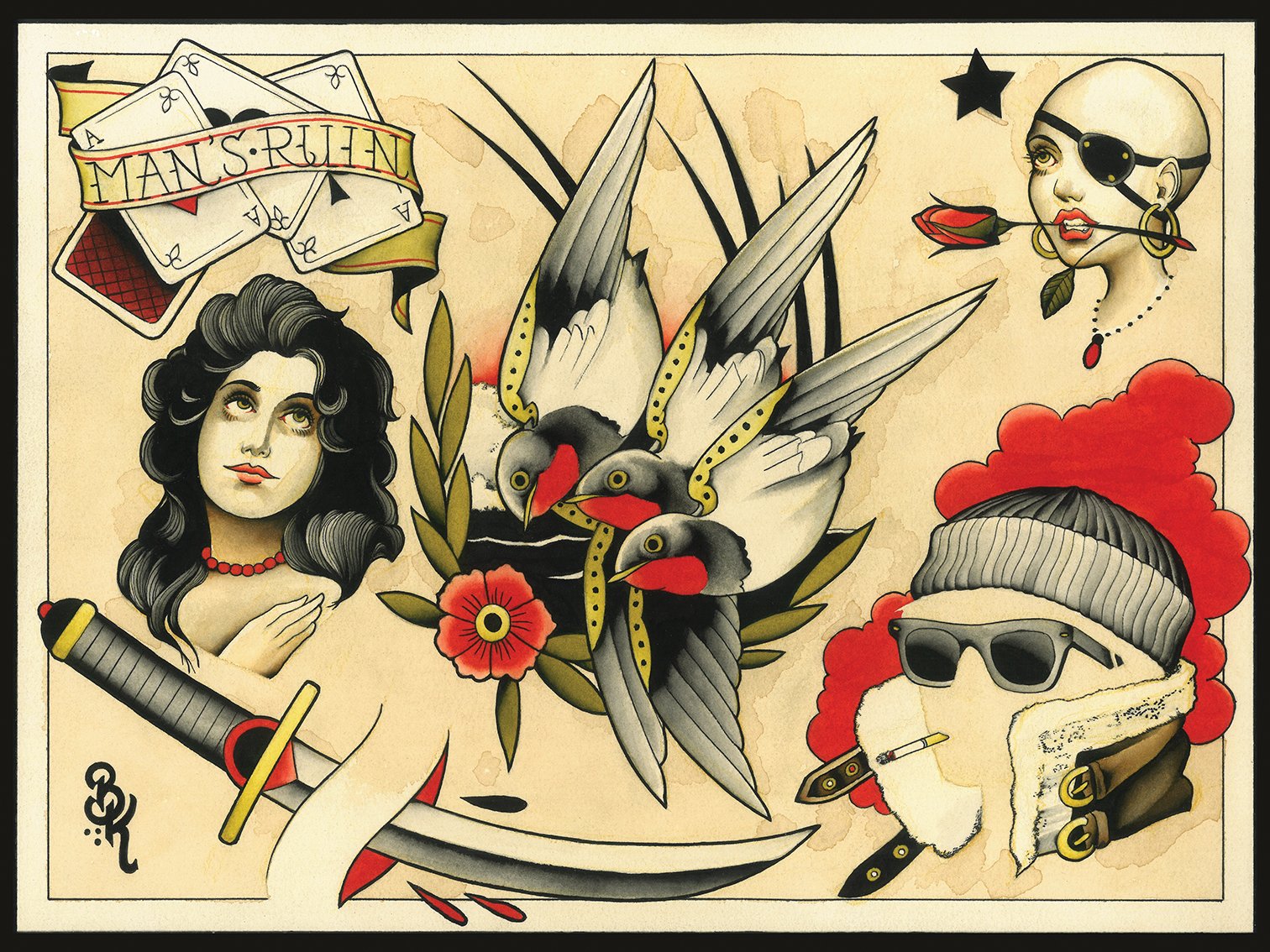Tattoo art featuring a woman with dark wavy hair, holding a large sword, surrounded by birds, flowers, and various objects including sunglasses, a beanie, a cigarette, and a head with a rose and an eye patch, with the words "A Man's R.U.H.N" in banne