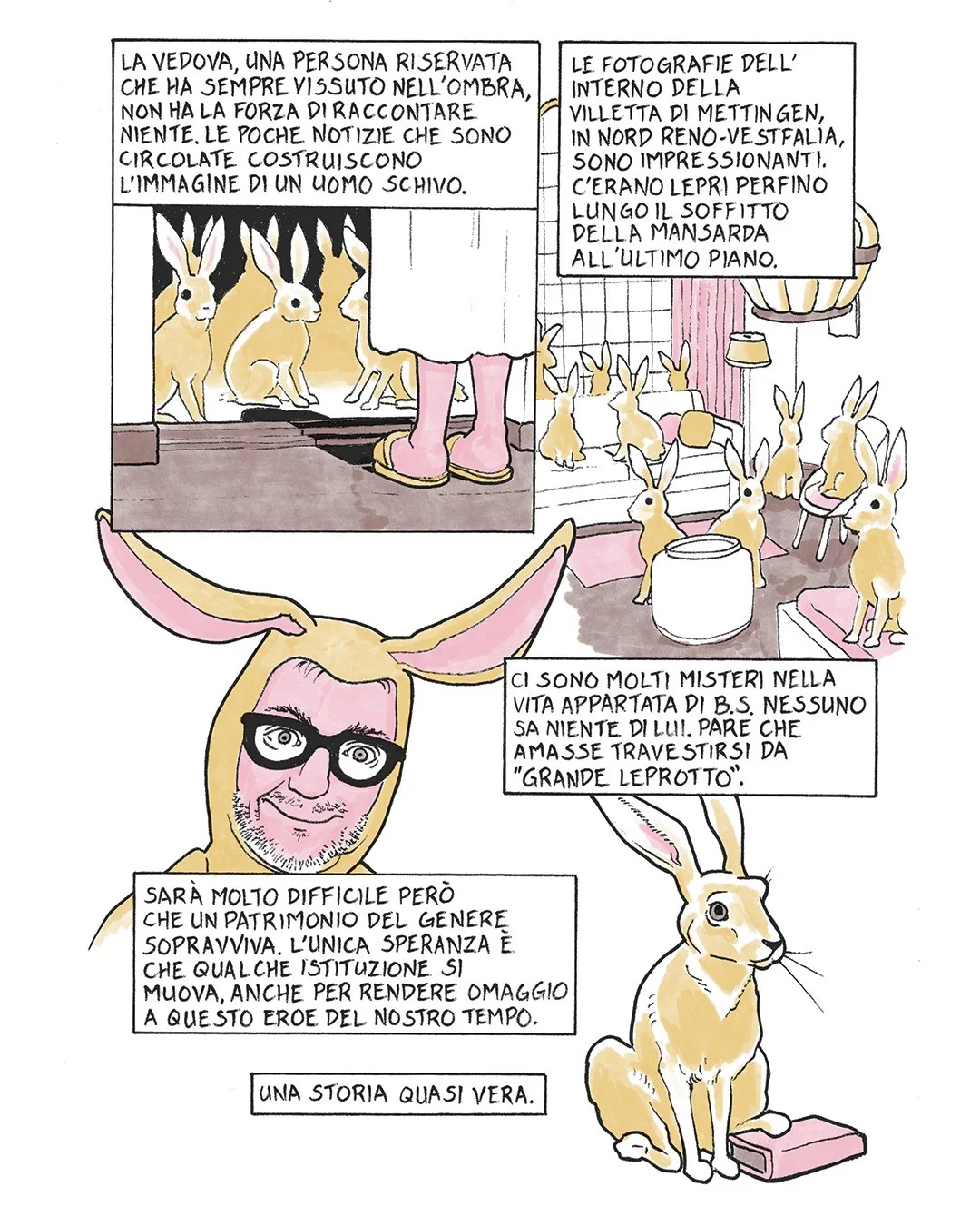 A comic strip featuring rabbits and a man with rabbit ears. The comic includes scenes of rabbits inside and outside a house, and a man wearing glasses and rabbit ears with a pink face. The text describes the rabbits as mysterious creatures and mentio