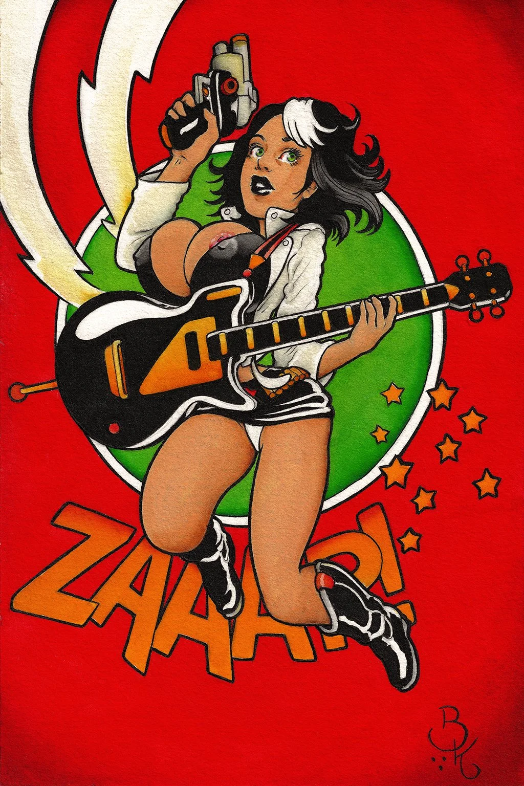 A vibrant cartoon-style artwork of a woman with black and white hair, wearing a white shirt and black shorts, holding a guitar with a black and orange design, with a pistol pointed upwards in her other hand. The background features a red and green co