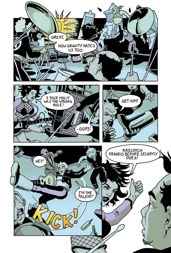 A comic strip scene set inside a chaotic music band performance with characters playing instruments, including a guitar and a drum. Characters are engaging in a humorous fight, with some attacking security and others shouting commands. One woman excl