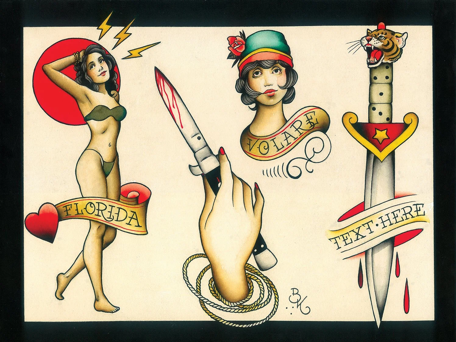 A traditional tattoo flash design featuring a woman in vintage style with dark hair and beige skin, wearing green bikini-style clothing, labeled "Florida" with a heart. A hand holding a bloodied knife and a woman with a headscarf labeled "Vulure" are