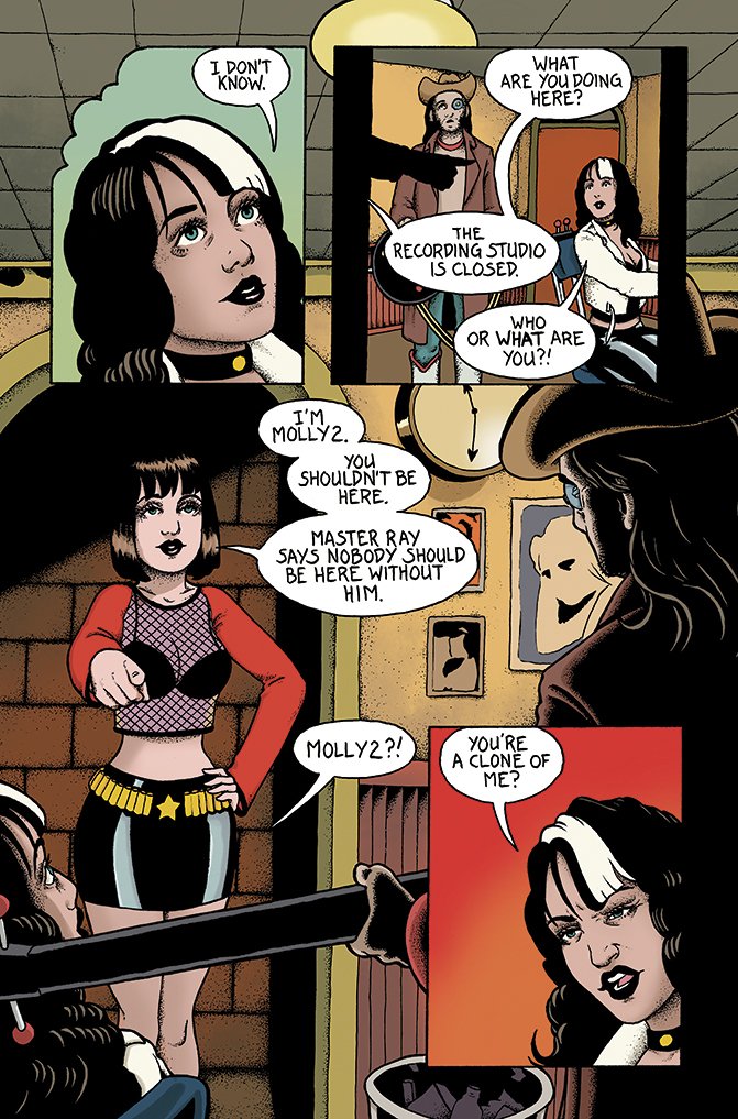 A comic panel showing a girl with long black hair and a white headband in a recording studio, talking to a man wearing a cowboy hat. The girl introduces herself as Molly, warning that Master Ray says nobody should be there without him. A woman with d