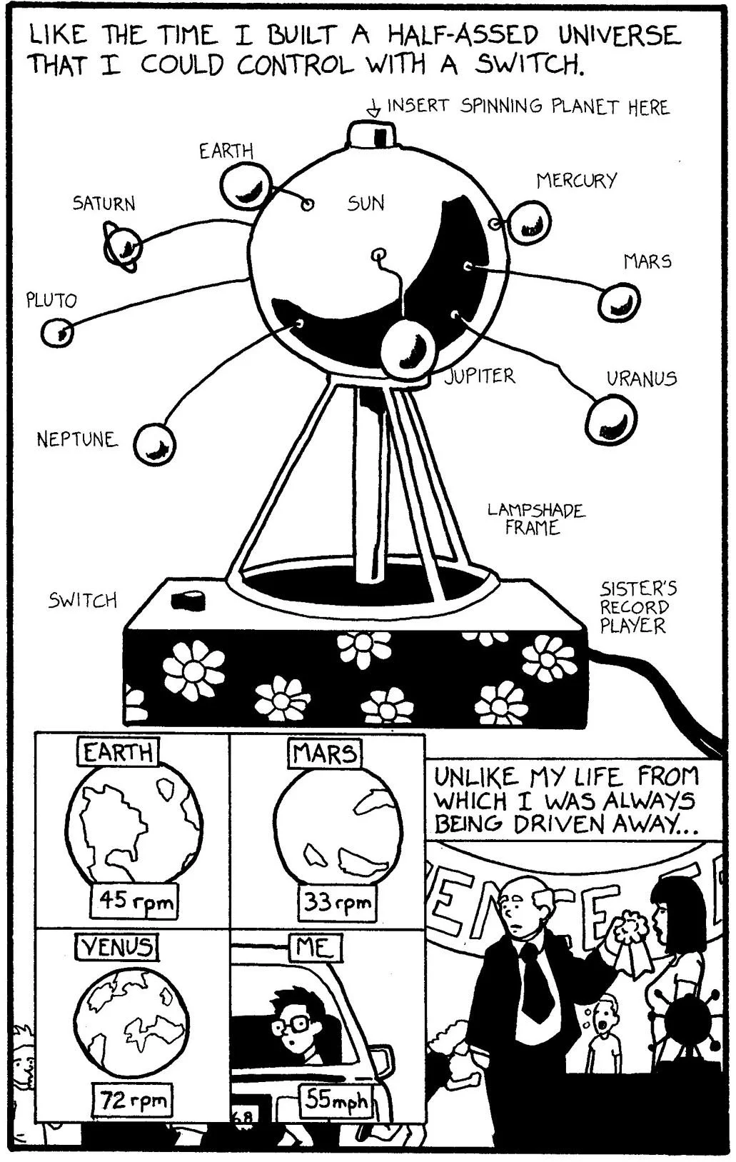 A comic strip illustrating a homemade universe control device, resembling a tabletop model with balls representing planets attached to a central sphere labeled with planets like Earth, Mars, and Venus. Below, three clocks show planetary times, and a 