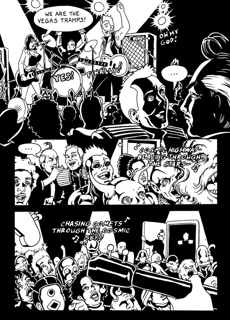 Black and white cartoon illustration of a lively concert with a band on stage and audience members enjoying music, singing, and dancing.