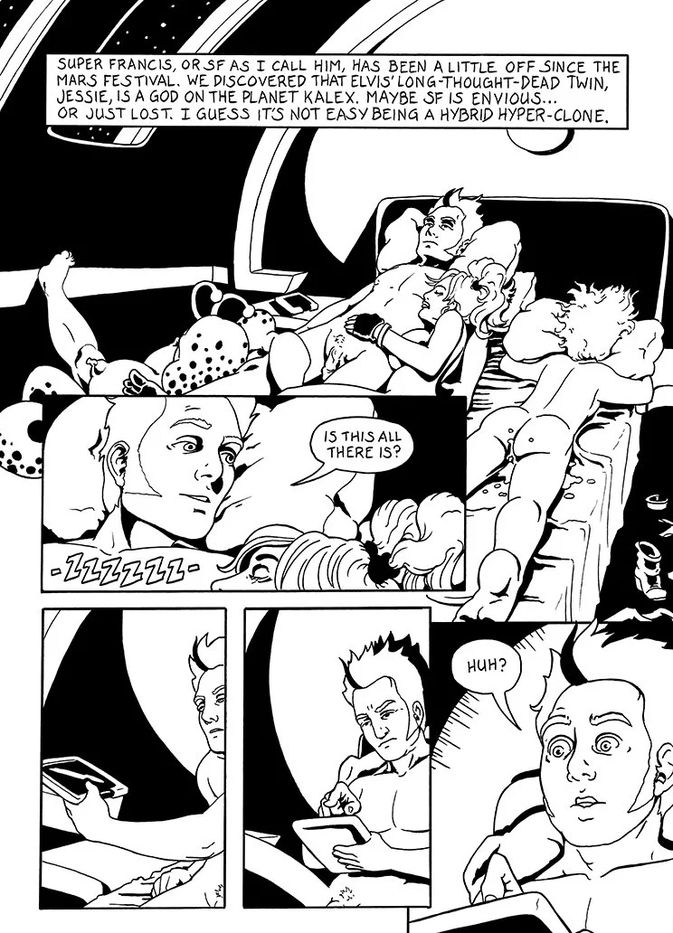 Black-and-white comic panel featuring three characters lying on beds or couches in space, with a window showing outer space. One character is a woman with wavy hair, another (a man) with short hair, and a third man with spiky hair. They are engaged i
