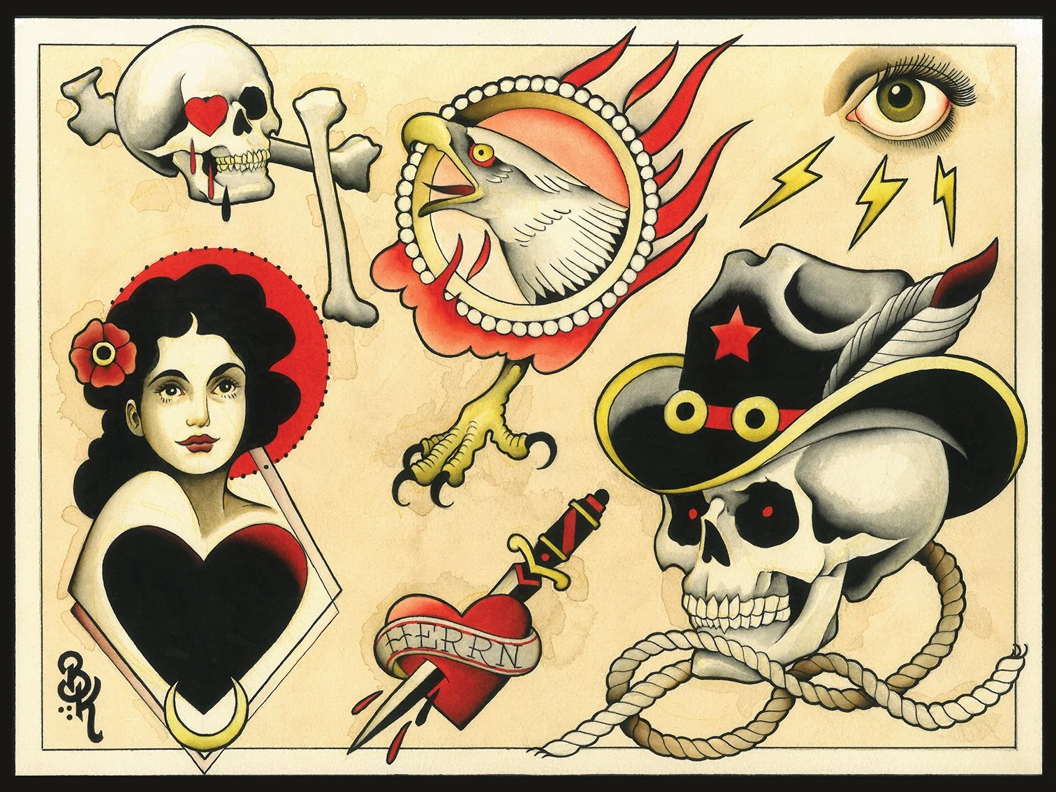 A vintage style tattoo flash sheet featuring a skull with a red heart-shaped eye, a woman with dark curly hair and a flower in her hair, a bird inside a circular frame, a skull wearing a pirate hat with a feather, and a sword piercing a red heart wit