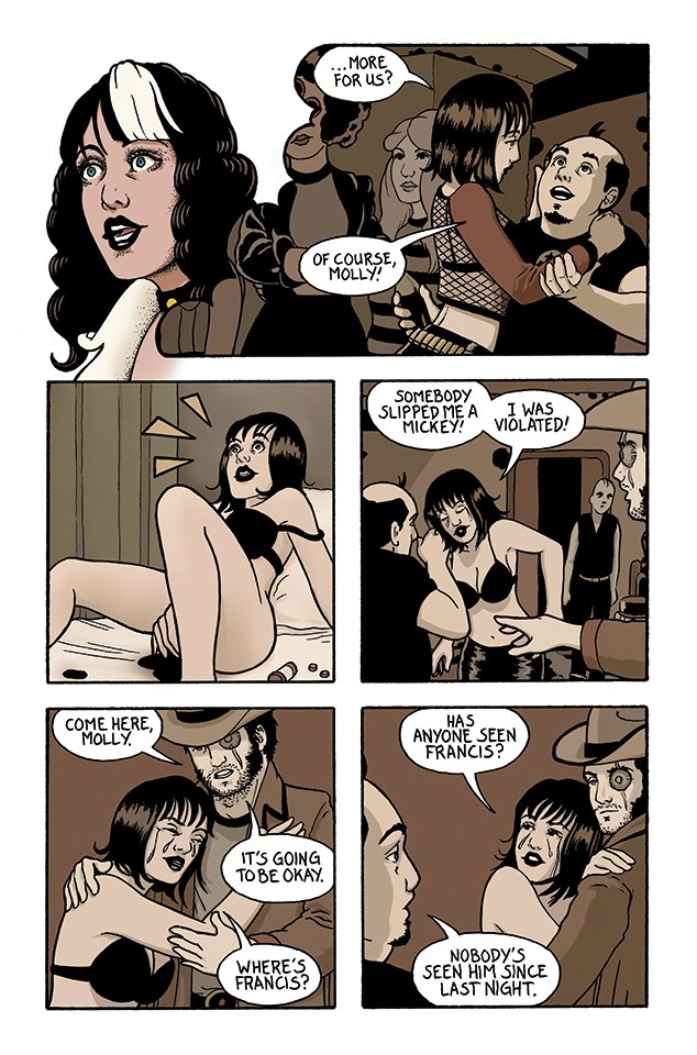 Comic strip showing a woman with black hair and a man with a cowboy hat talking to a woman named Molly. Molly appears distressed, and the cowboy asks about someone named Francis, who hasn't been seen since last night.
