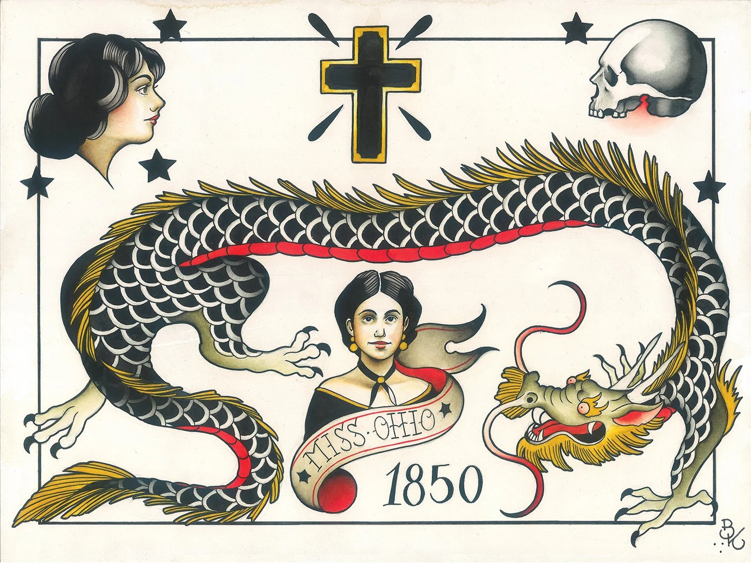 A traditional tattoo-style illustration featuring a woman on the left with black hair, a skull on the right, a black and yellow dragon in the center, and a woman in the middle with a banner that reads 'Miss Ohio 1850.' The illustration includes a cro