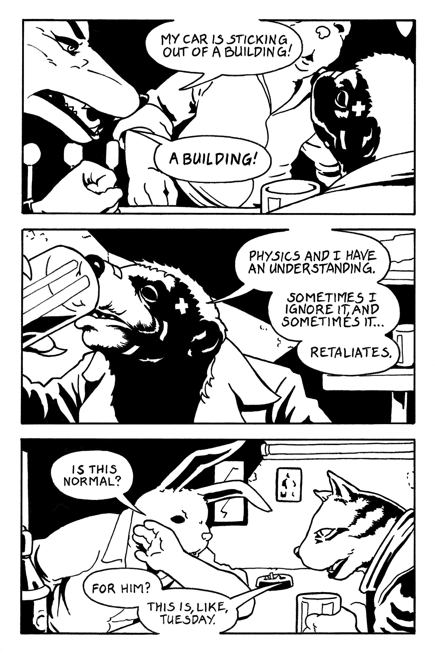 A black-and-white comic strip featuring anthropomorphic animals, including a fox, a dog, and a rabbit, engaging in humorous dialogue about their understanding of physics and normalcy. The dog is wearing goggles, the fox has a medical patch, and the r