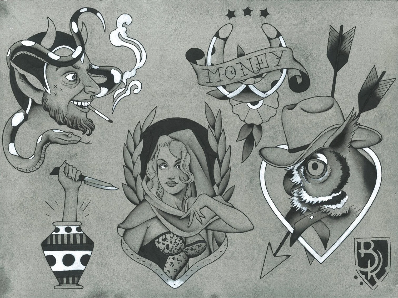 Black and white tattoo-style artwork featuring a man with a beard and cigarette, a woman with long wavy hair, a snake with horns and smoking, an owl wearing a cowboy hat, and various decorative elements including a banner with the word 'Money', arrow