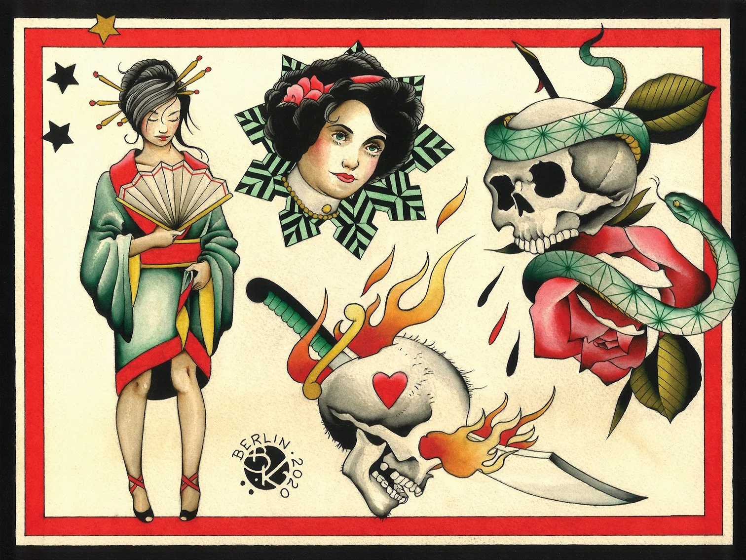 Tattoo-style artwork featuring a woman dressed in traditional Japanese attire holding a fan, a woman's face with dark hair and a floral hairpiece, a skull with a snake wrapped around it, a flaming skull with a heart on its forehead, and a sword pierc