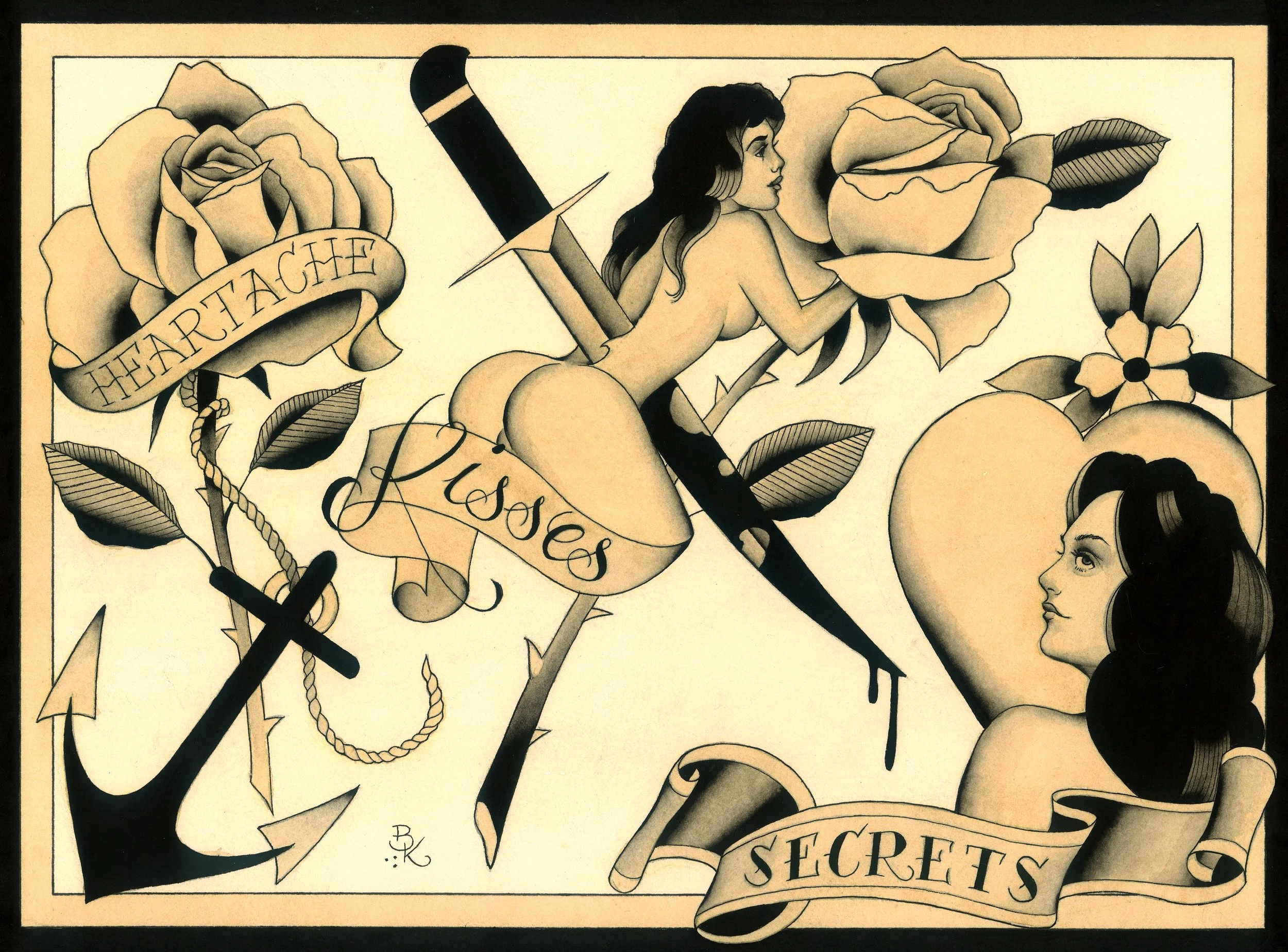 Tattoo-style illustration featuring two women, roses, hearts, and banners with the words 'HEARTACHE,' 'LOVES,' and 'SECRETS.' One woman is topless with long dark hair, holding a large flower, with a dagger behind her. The other woman has dark hair an