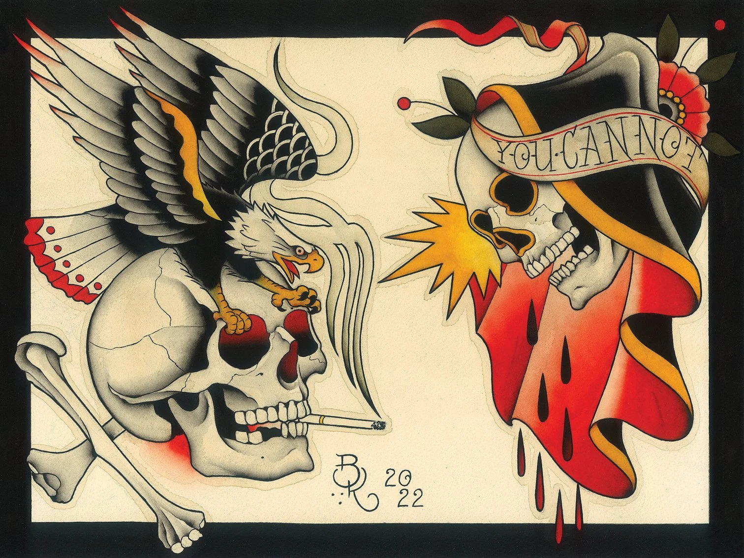 Tattoo-style artwork featuring a skull with a smoking cigarette, an eagle perched on it, and a banner reading "You Can't" over a second skull. The artwork includes red and black accents and the year 2022.