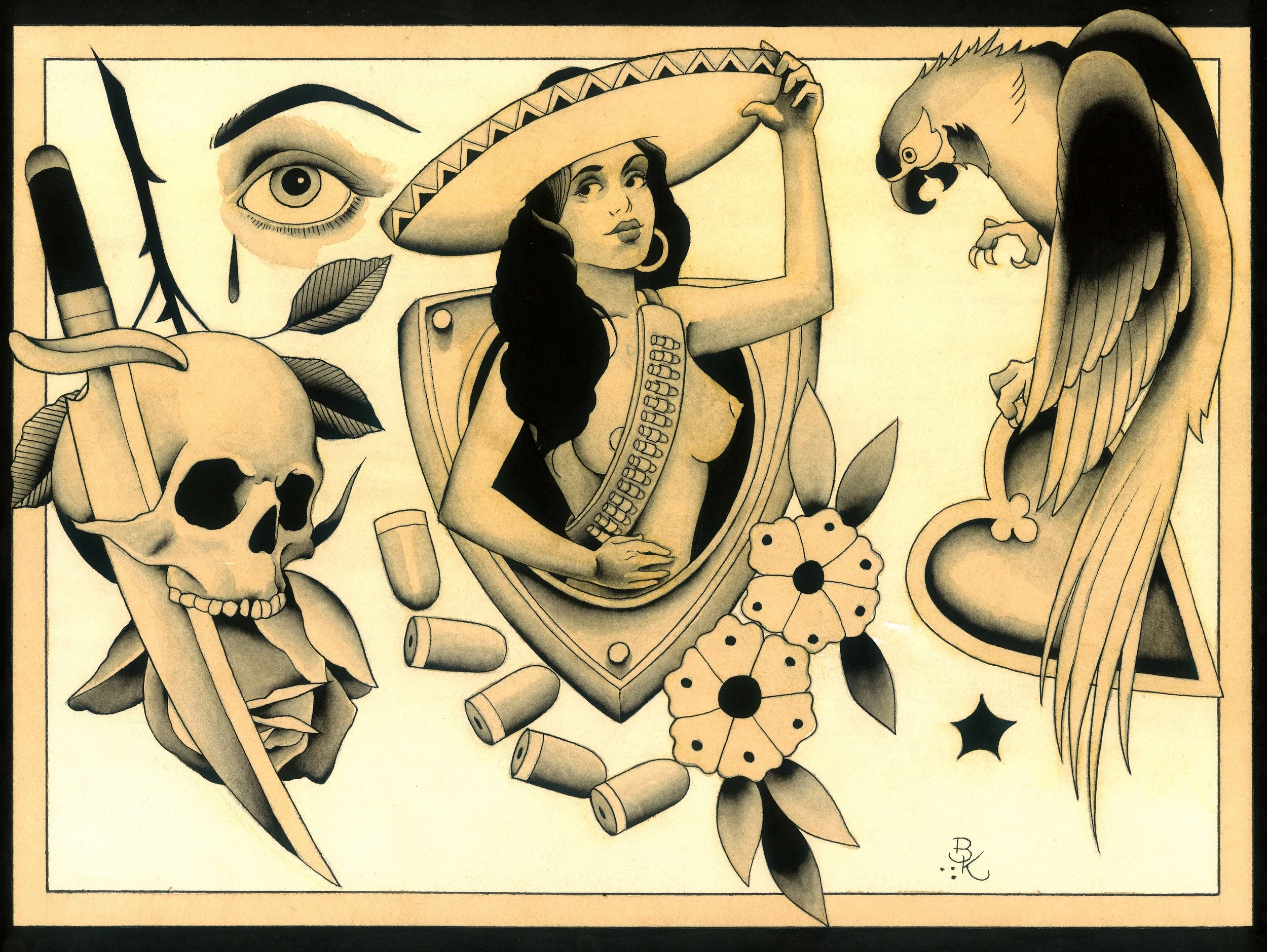 A black-and-white tattoo-style illustration featuring a woman with long dark hair wearing a sombrero, surrounded by a skull, an eye with a tear, a leaf, a razor blade, bullets, flowers, a scorpion, and a fierce eagle.