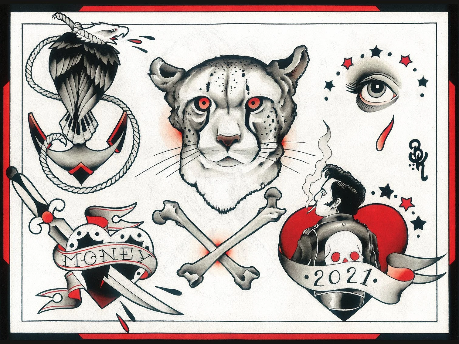 A collection of traditional tattoo flash designs including a tiger's face with red eyes in the center, a woman with short hair smoking with a red heart and a banner reading '2021,' an anchor with a bird perched on it and spread wings, a skull badge w