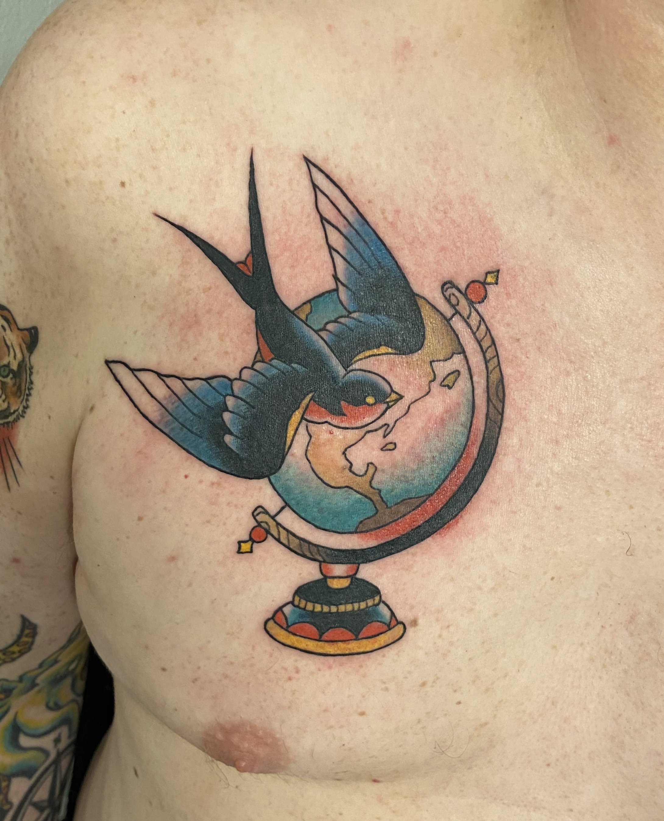 Tattoo of a globe with a swallow bird flying over it on a person's chest.