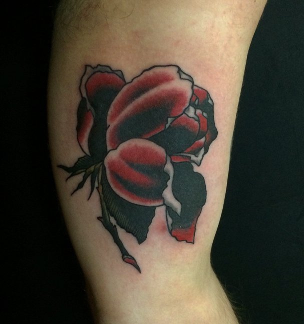 Tattoo of a cracked red and black rose on a person's arm.