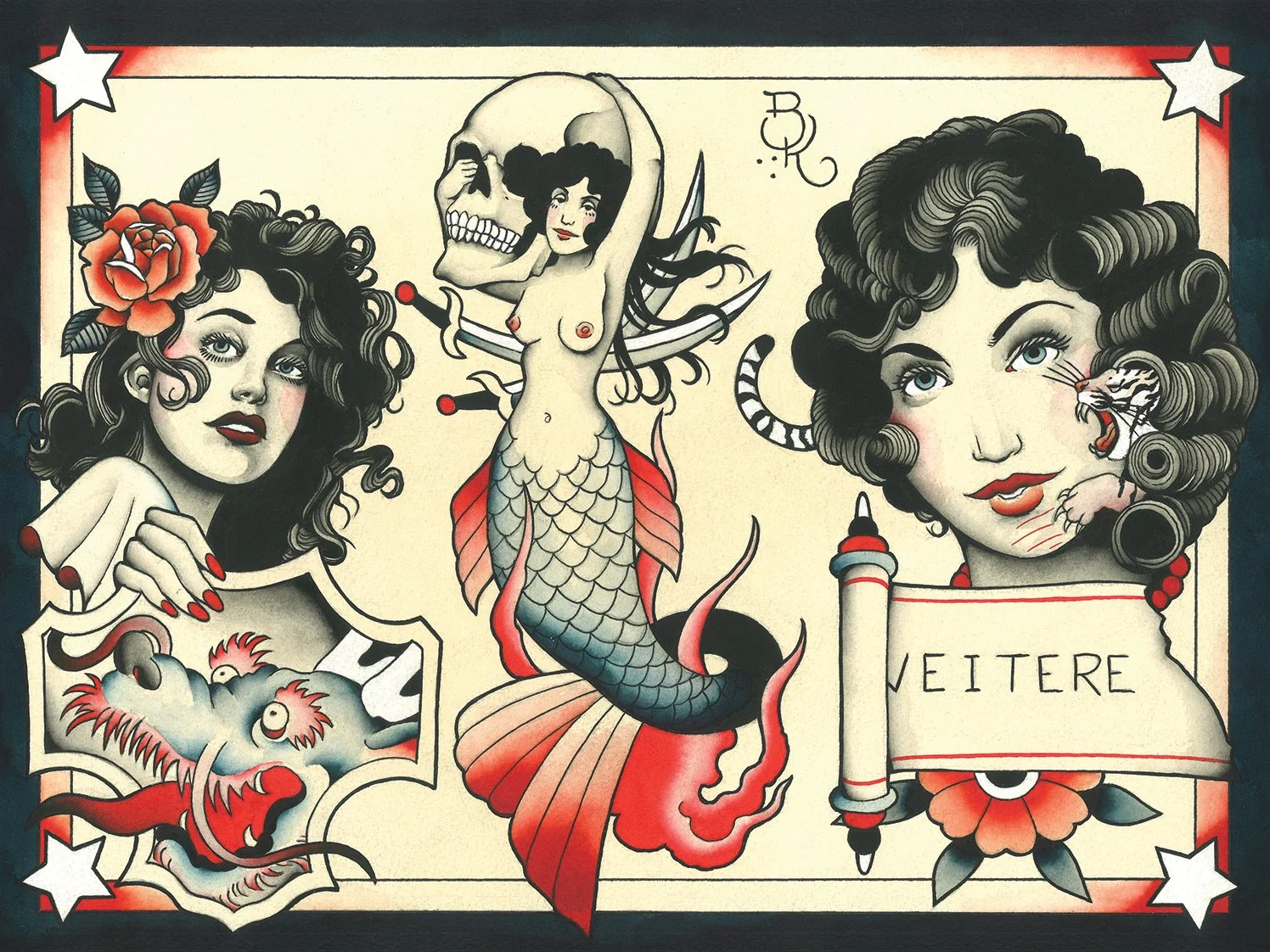 Tattoo-style illustration featuring two women with curly black hair, a mermaid with a skull head and a woman’s face on the skull, a dragon, and a scroll with the text 'VEITERE'. One woman has a red rose in her hair, and the other has a tiger tattoo o