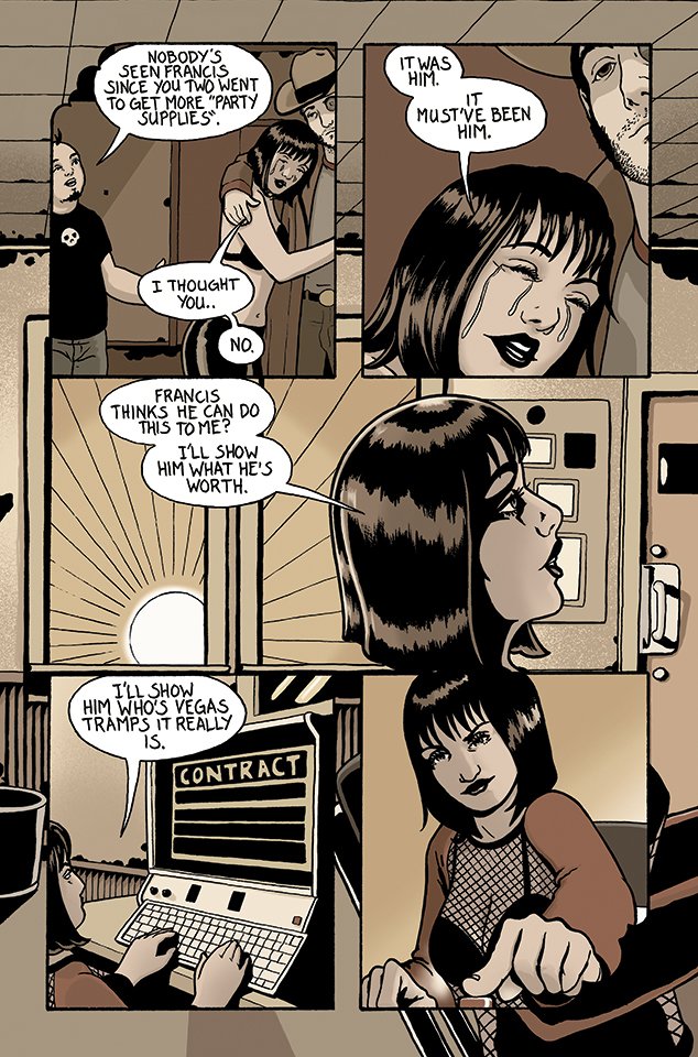 Comic strip with five panels showing a conversation about a man named Francis, a woman crying, and a contract on a computer screen. The woman discusses showing someone Vegas tramps.