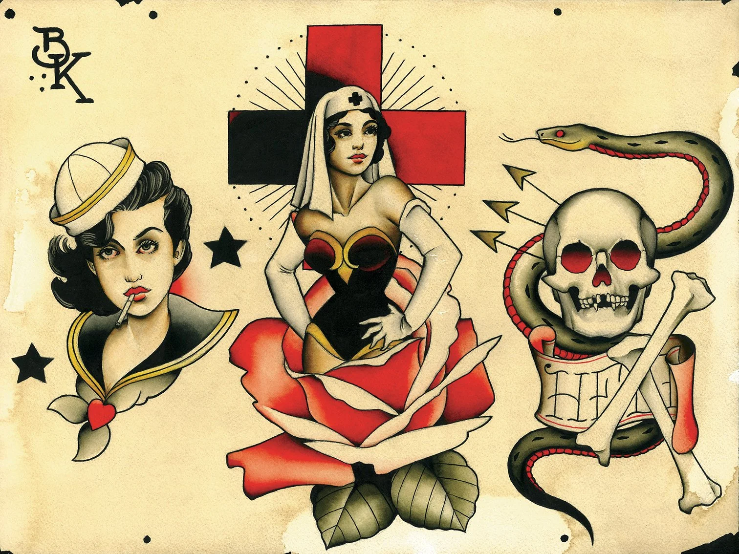 Tattoo-style illustration featuring three central figures: a woman in a nurse costume sitting inside a rose, a woman with dark hair, smoking, dressed as a sailor, and a skull with a snake coiled around it, with the word "HELL" written on a banner.