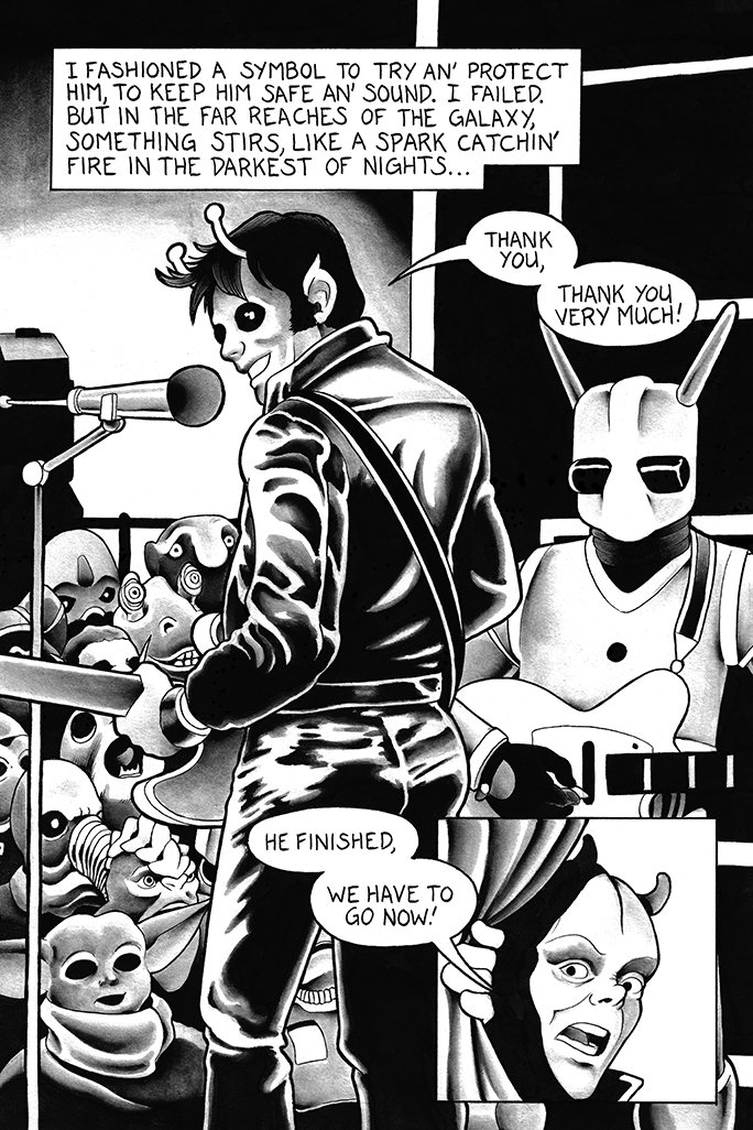 Black and white comic panel featuring a character dressed as a rock star with a microphone, surrounded by various comic and cartoon masks. A person in a rabbit costume thanks the rock star, and another character, with a distinctive hairdo, tells the 