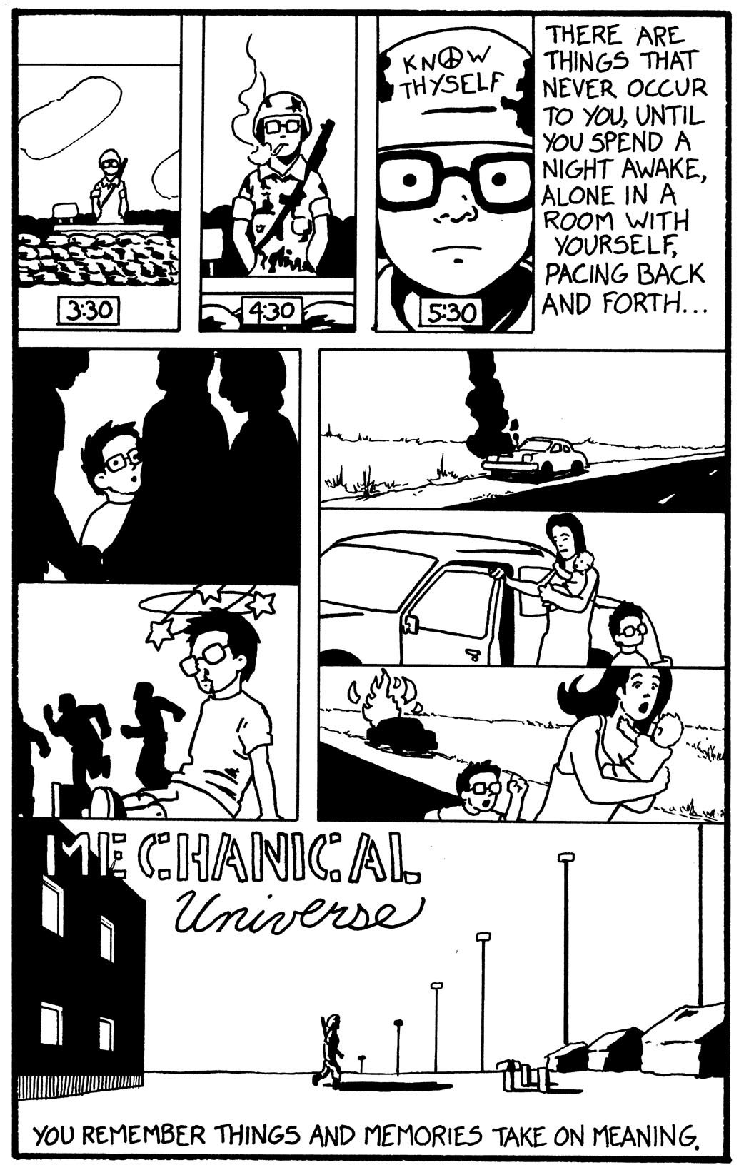 A black-and-white comic strip depicting a person's day through the clock times 3:30, 4:30, and 5:30. It shows activities like being in nature, smoking, reflecting on self-knowledge, talking to others, experiencing a car explosion, holding a baby, and