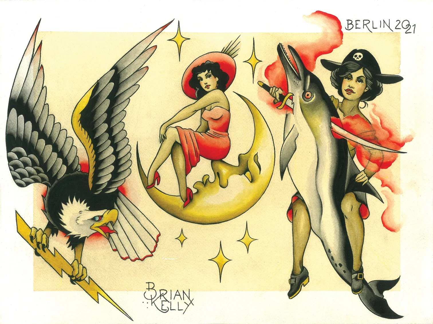 Tattoo-style artwork featuring a woman sitting on a crescent moon, a large shark with a wizard's hat and a woman riding it, a fierce eagle holding a lightning bolt, and stars around them, with the words 'Berlin 2021' and the artist's signature 'Brian