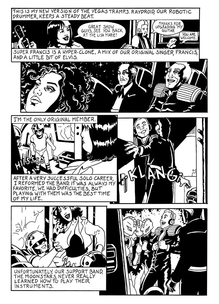 Black and white comic strip with four panels featuring characters in a band setting. The first panel shows a woman with short hair speaking with other band members about their new band, Vegas Tramps, and a robotic drummer named Raydroid. The second p