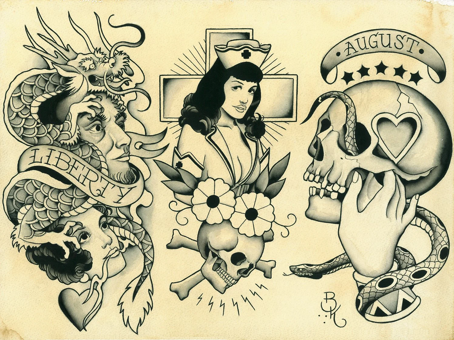 A collage-style tattoo art with a dragon, a woman with a nurse's hat, a skull with a heart-shaped eye, a snake around a heart-shaped mug, a cross, skull and crossbones, flowers, and banners with words 'Liberty' and 'August'.