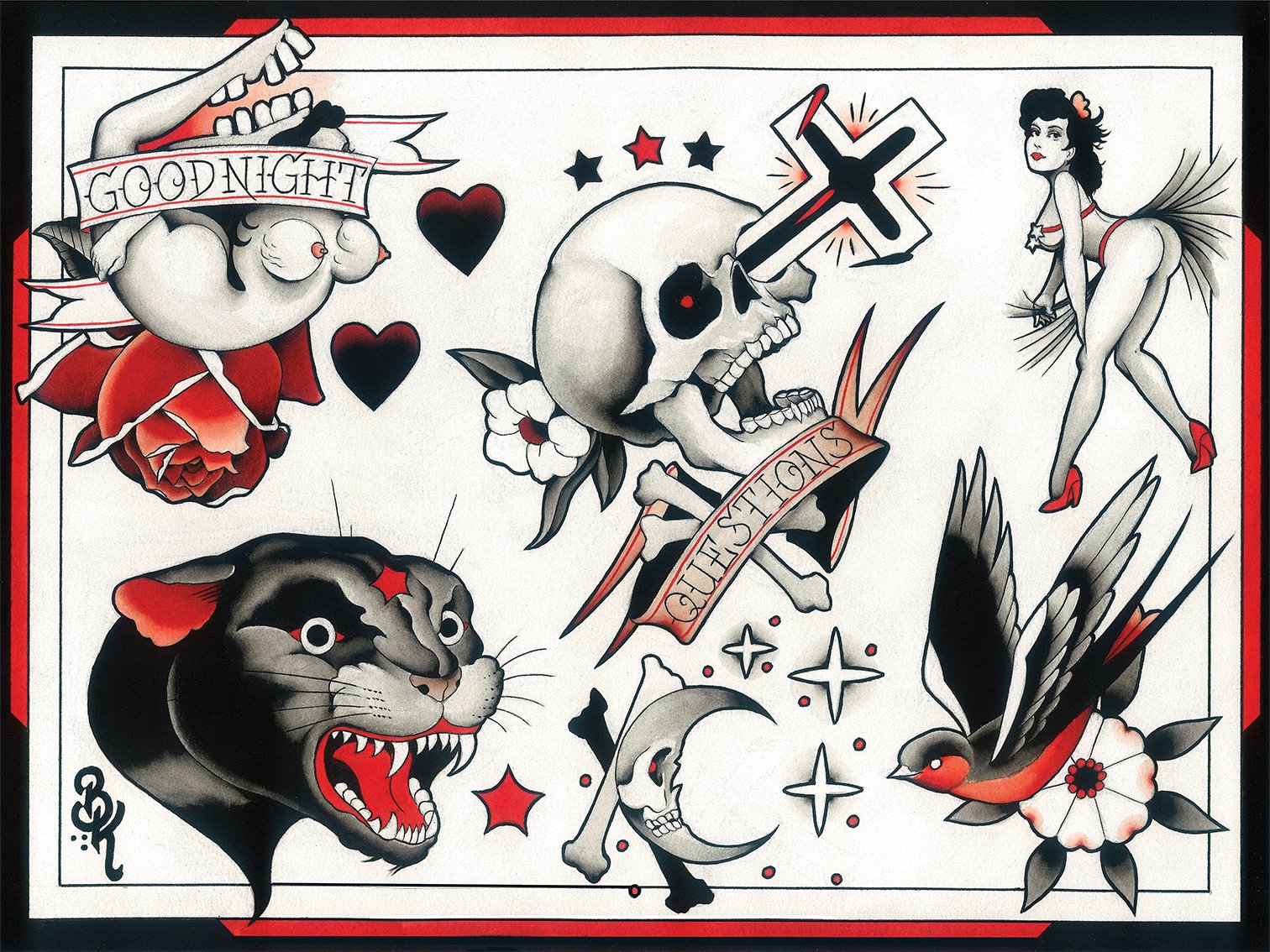 A collage of traditional tattoo-style illustrations in black, red, and white. Features a screaming panther, a skull with a sword through it, a woman in red high heels and a revealing outfit, a rose, a bird, and various hearts, stars, and celestial sy