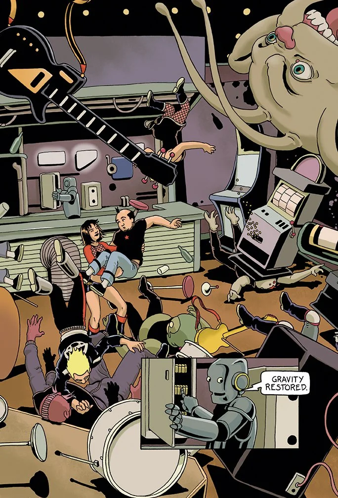 A chaotic scene featuring a large, smiling, animal-like character, robots, and people in a cluttered room with flying objects and broken equipment. One robot says, "Gravity restored."