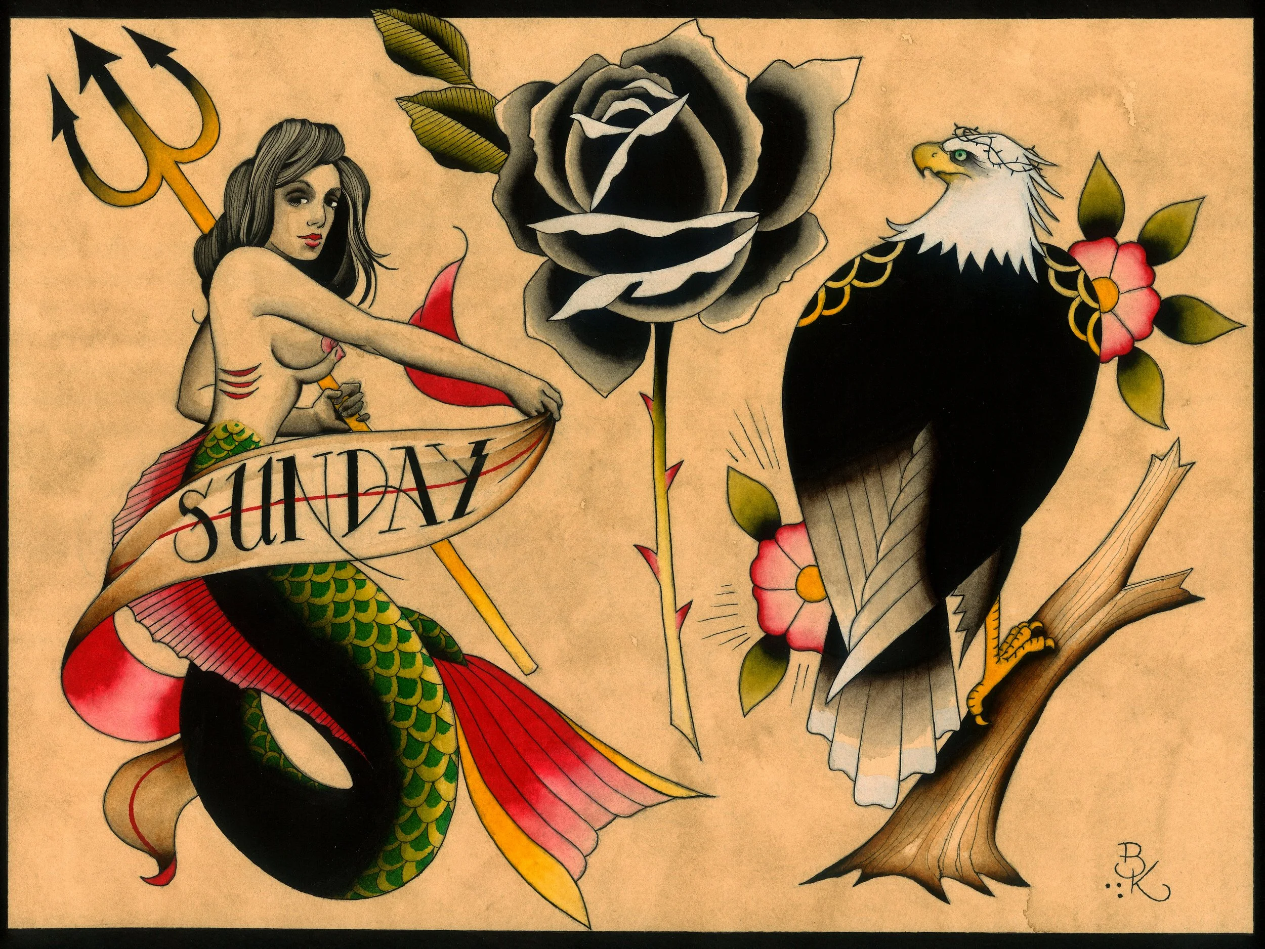 Traditional tattoo-style artwork depicting a mermaid with long dark hair holding a banner that reads 'SUNDAY,' a black rose, a bald eagle with a fierce expression, and pink flowers with green leaves, all on a beige background.