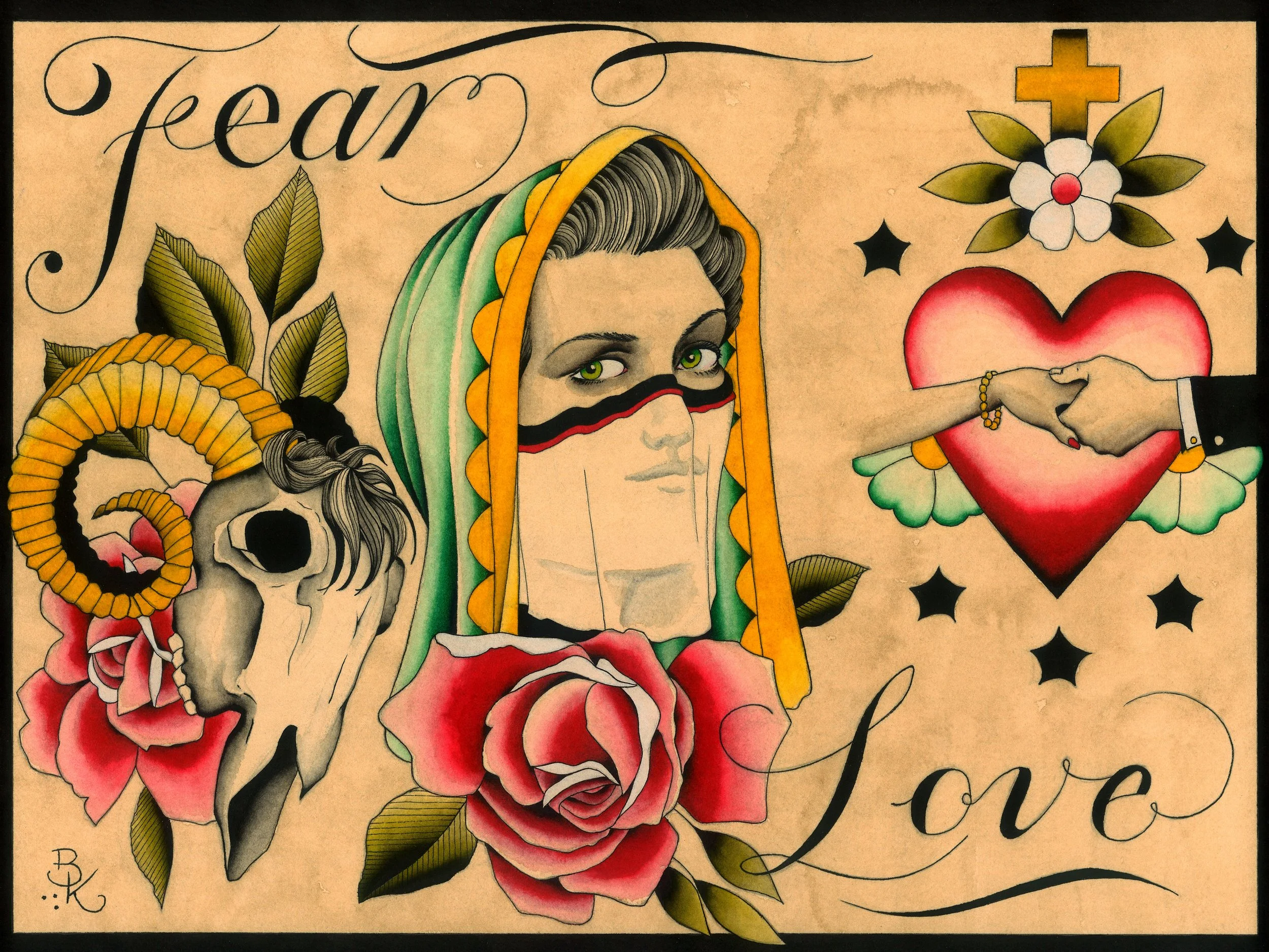 Tattoo-style illustration featuring a woman with a veil, roses, a skull with leaves, and a heart with a handshake, stars, and the words 'fear' and 'love'.