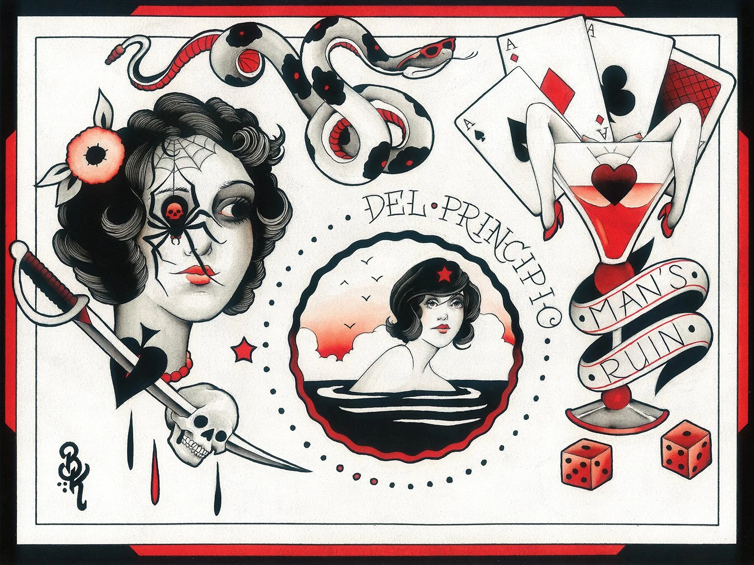 Tattoo-style illustration featuring a woman with dark curly hair, a spider and web on her face, a snake, a dagger with a skull, a martini glass with a heart, playing cards, dice, and the phrase 'Man's Ruin' and 'Del Príncipe'.