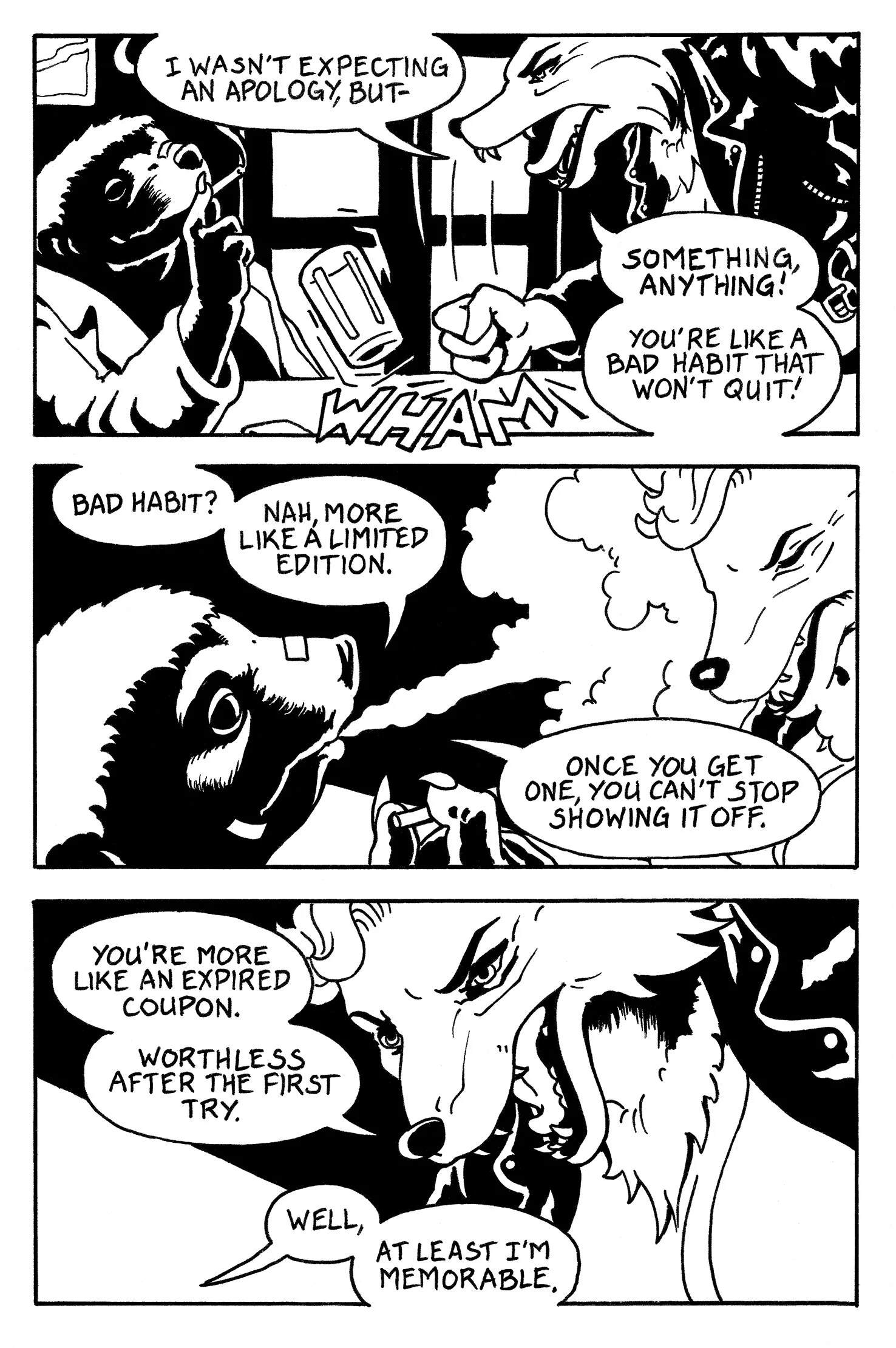 A black-and-white comic strip featuring two anthropomorphic wolves having a conversation. One wolf is sitting at a table with a glass and a cigarette, speaking confidently, while the other wolf is pointing and engaging in the dialogue. The comic incl