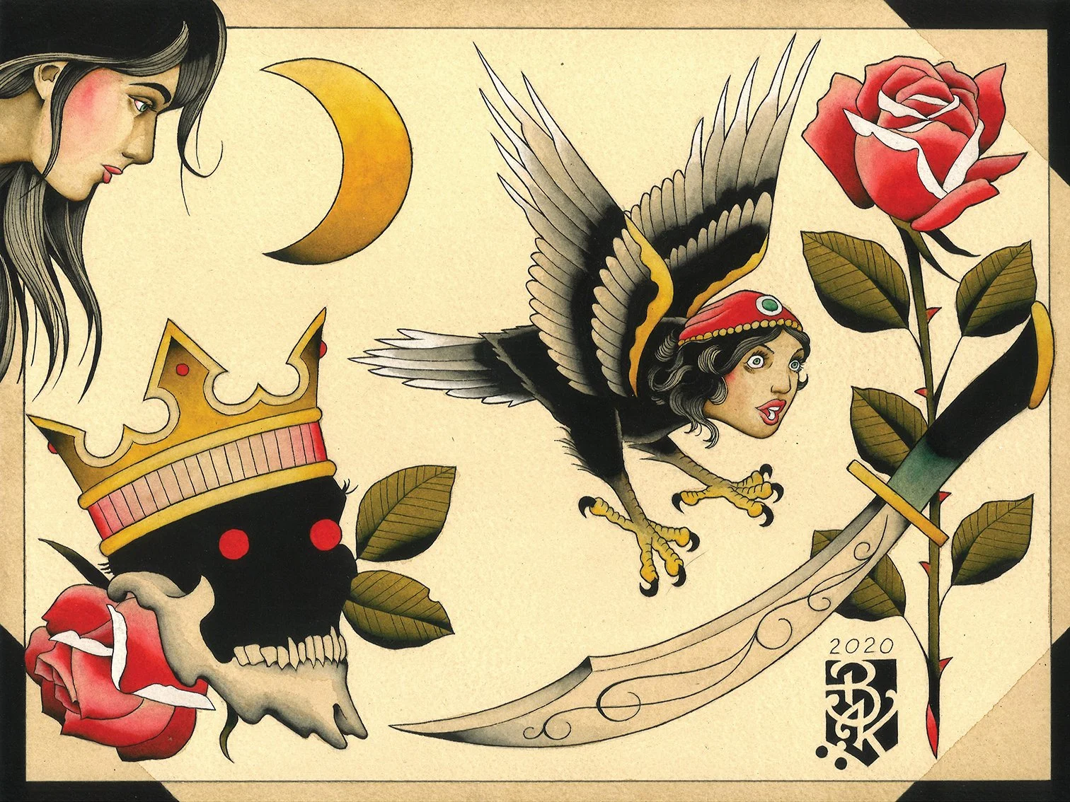 Tattoo-style artwork featuring a woman with long black hair and a side profile, a crescent moon, a flying bird with a human face wearing a red headband, a skull with a crown, and a large sword with a rose and green leaves along its length, all on a b