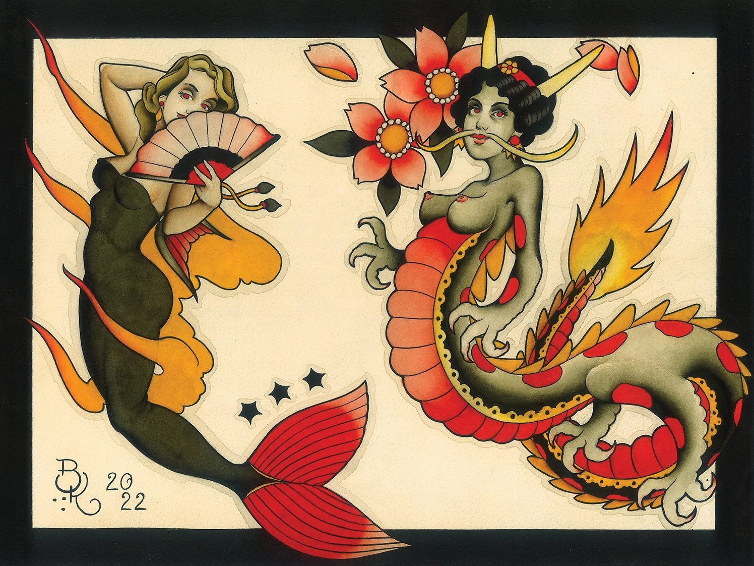 Anime-style illustration of a mermaid on the left holding a fan and a mythological creature with a snake-like body and a dragon's head on the right, surrounded by flowers and flames.