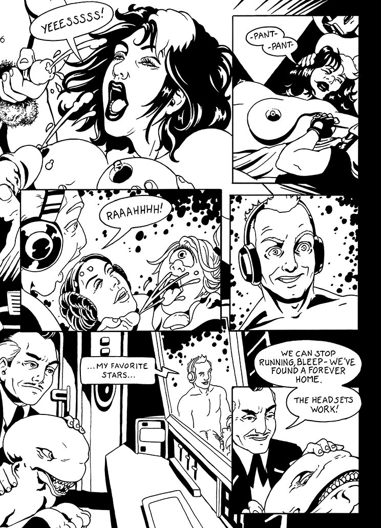 Black and white comic strip depicting women in space, with characters wearing headphones, and one character with a dinosaur head, in a science fiction setting.
