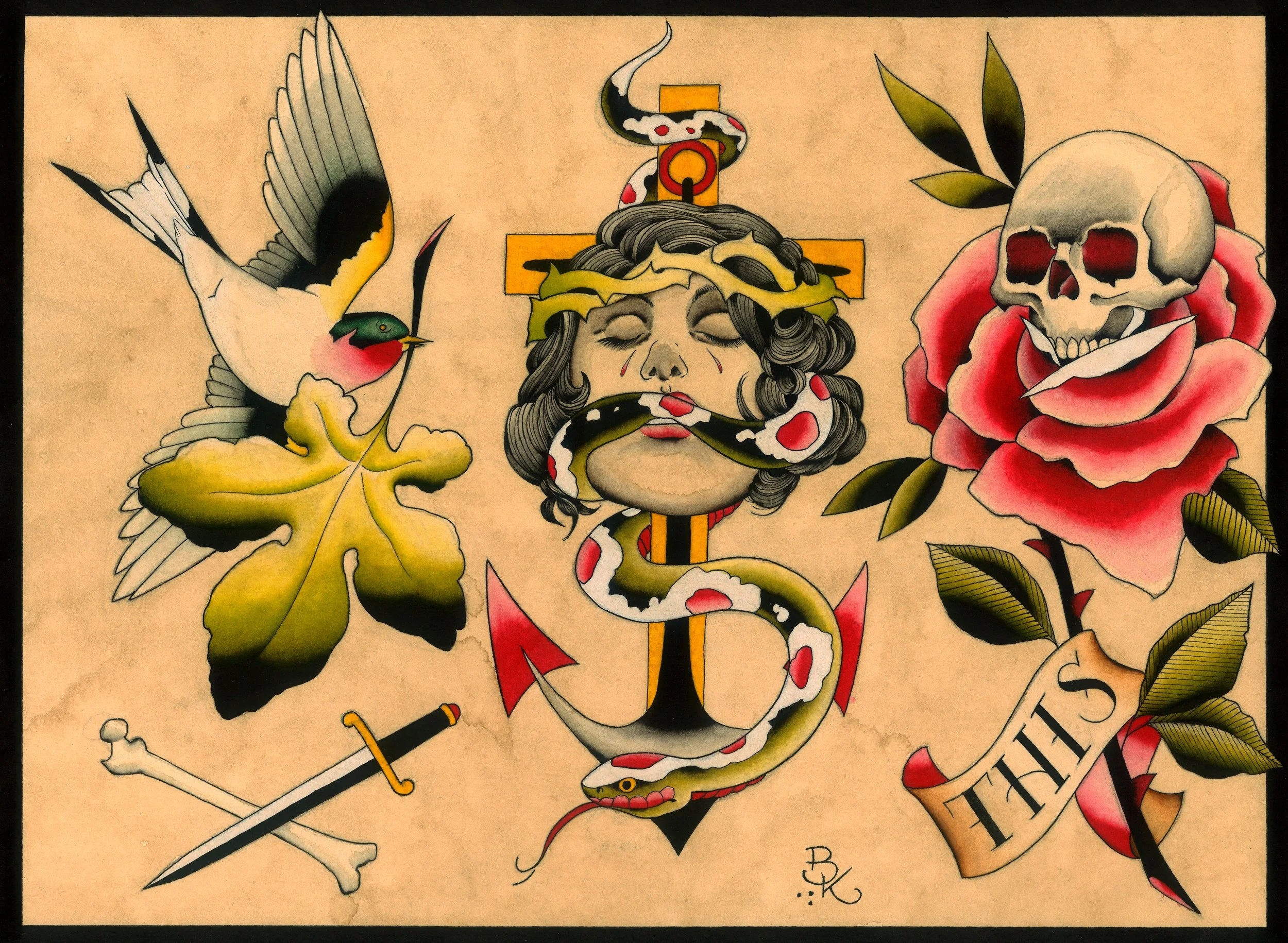 Tattoo-style artwork featuring a sparrow with a red face and green wings, a snake wrapped around a woman's face with dark curly hair and a cross behind her head, a red rose with a skull and dagger inside, and a banner with the word "SINNER".