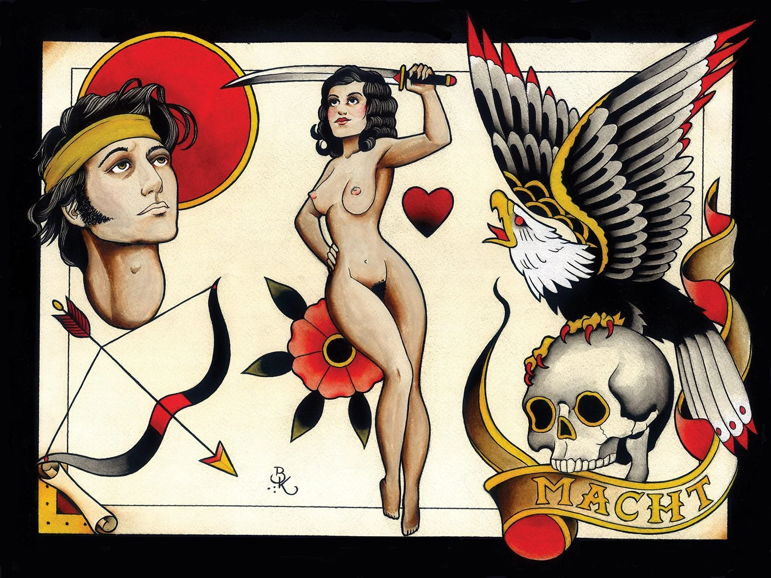 Tattoo-style artwork featuring a woman with dark curly hair holding a sword, a sailor's head with a yellow headband, a red and black bow with an arrow, a winged skull, a black and white eagle with red accents, a red flower, and a heart.