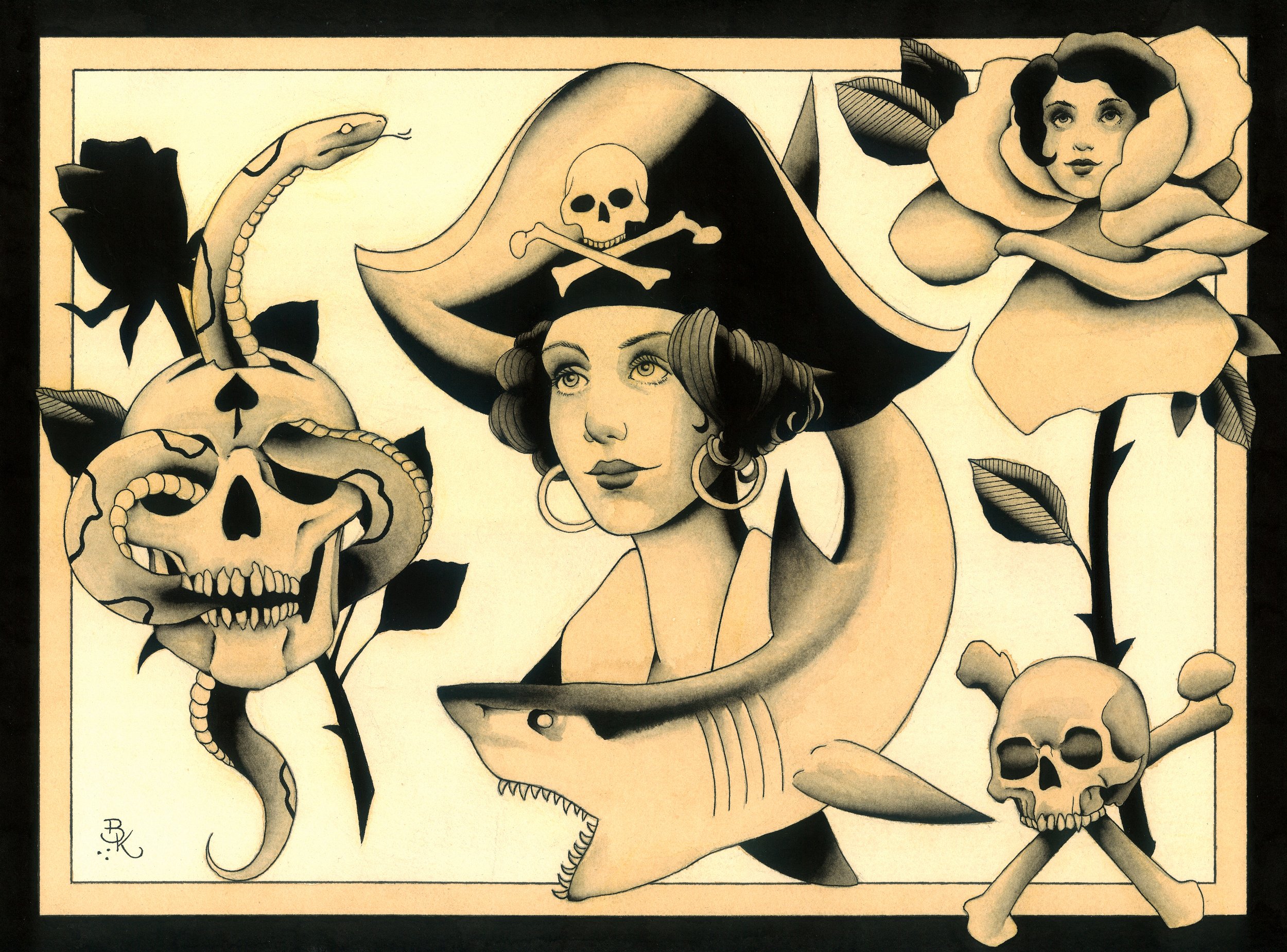 A vintage-style illustration featuring a woman with dark curly hair, wearing a large pirate hat with a skull and crossbones, surrounded by skulls, a shark, a snake, and roses, with a woman’s face emerging from a flower.