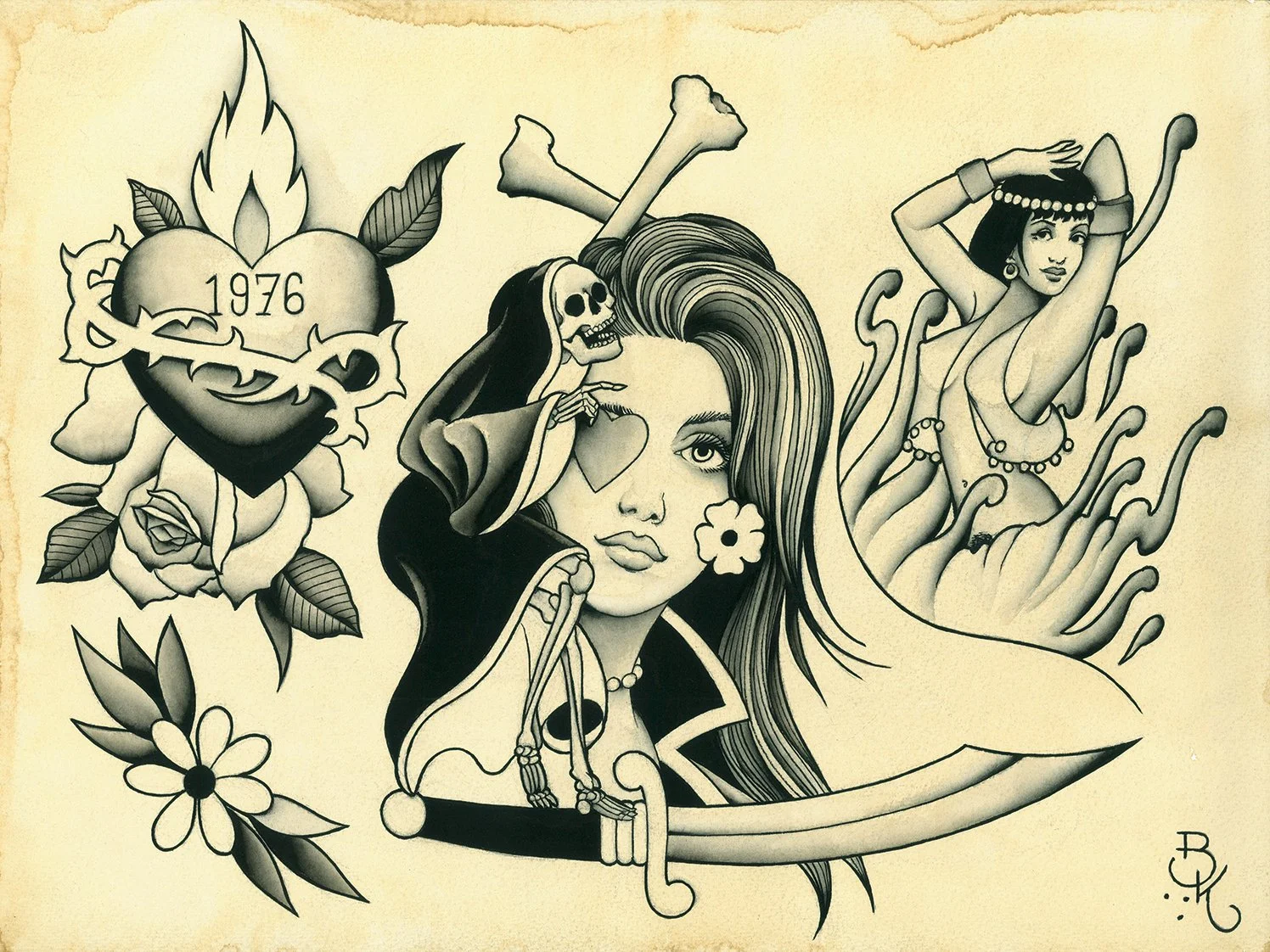 Tattoo-style illustration featuring a woman with long hair, with a skeleton on her shoulder, a knife, a rose with the year 1976, a dagger, flowers, and a woman with multiple snake-like arms wearing jewelry, set against a beige background.