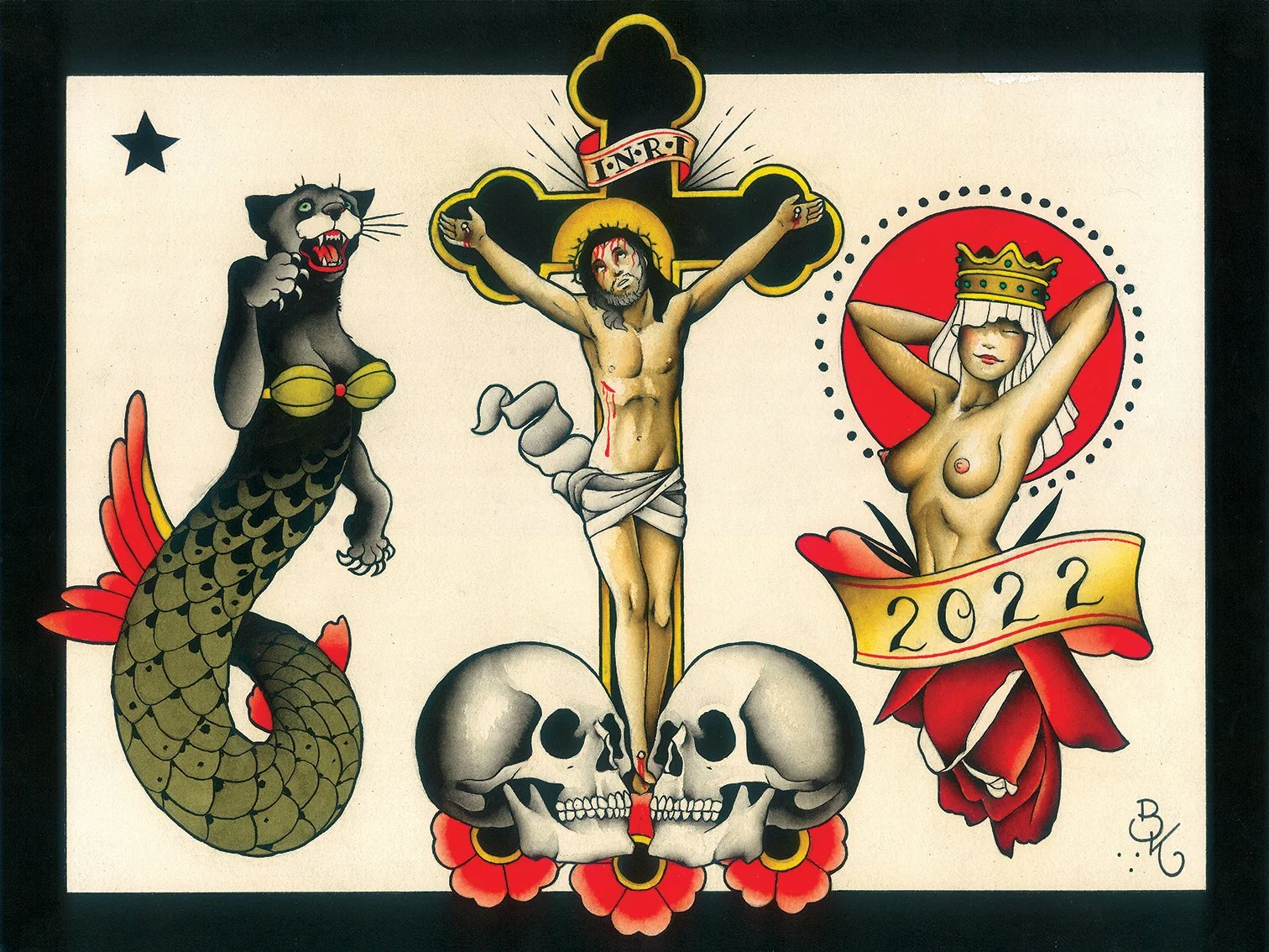 A religious-themed tattoo design featuring Jesus on the cross with blood, a crowned naked woman on the right, a black cat with a fierce expression on the left, two skulls at the bottom, and the year 2022 on a banner.