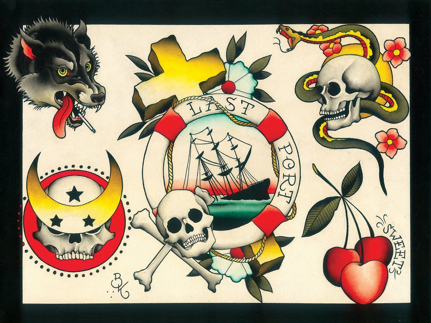 Traditional tattoo-style design featuring a black wolf with red tongue, a snake surrounding a skull, a ship inside a life preserver with the words 'Last Port', a crescent moon with a skull inside, and cherries with the words 'Sweetens'.