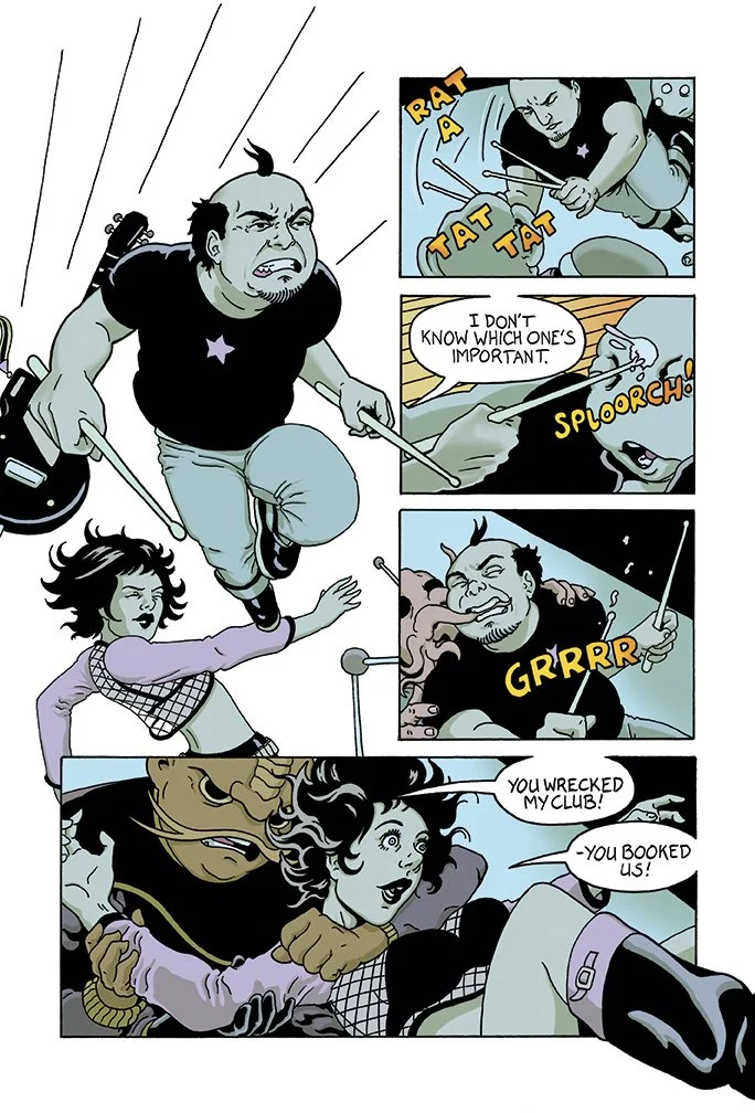 A comic strip showing a chaotic scene involving a man with a guitar, a woman, and a creature with a lion-like face. The man is angry and holding a drumstick and a guitar. The woman appears surprised or scared, and the creature seems to be attacking o