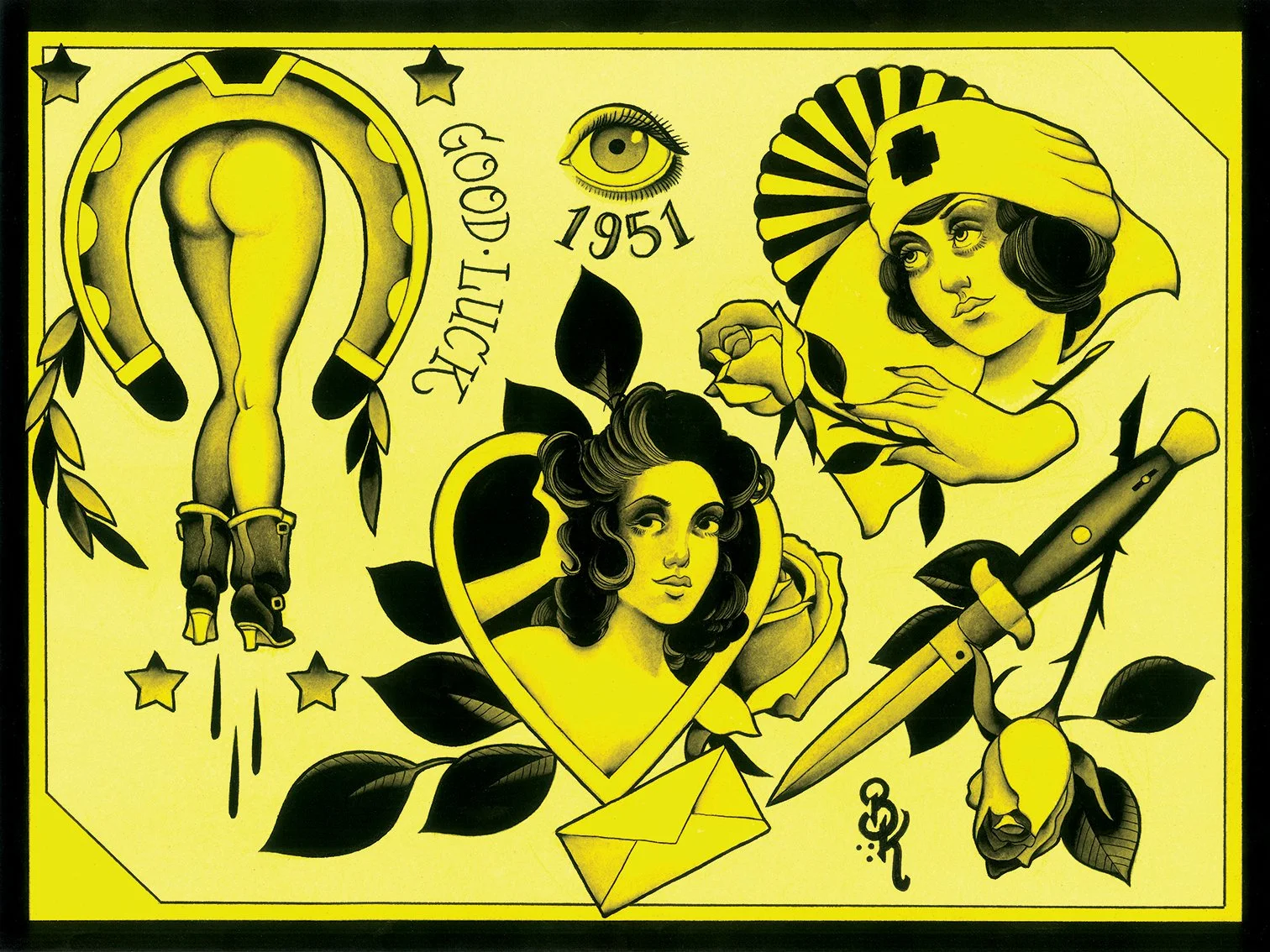 A tattoo-style illustration featuring a nude woman from the back wearing high heels, a heart-shaped frame with a woman's face in the center, another woman with a nurse's hat, a dagger piercing a rose, an eye with the year 1951, and the words "Traditi