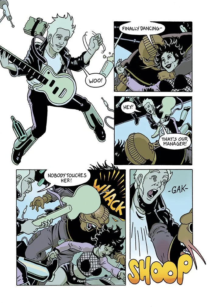 Comic panel featuring a person with short hair and a guitar enjoying music, a woman and a creature in space suits cheering, and another woman in a leather jacket intervening to protect a person from being harmed, using a stick, with sound effects ind