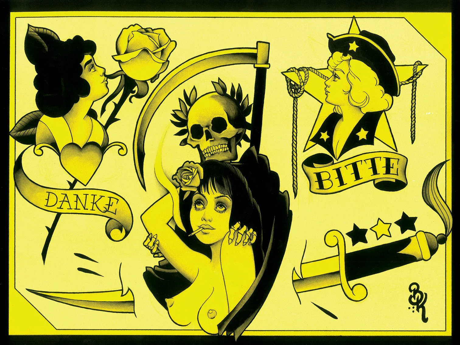 A yellow and black tattoo-style illustration featuring a woman with dark hair, holding a cigarette, with a skull and a rose in the background. There is a woman with blonde hair wearing a witch hat and a tattoo banner that says "BITH". The word "DANKE