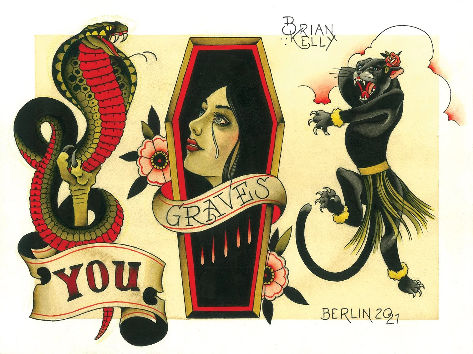 Tattoo-style illustration with a snake on the left, a woman’s face in a coffin frame in the center with a tear, and a black panther on the right wearing a grass skirt and jewelry amid clouds. The text reads "You Grave's" and is signed "Berlin 21."